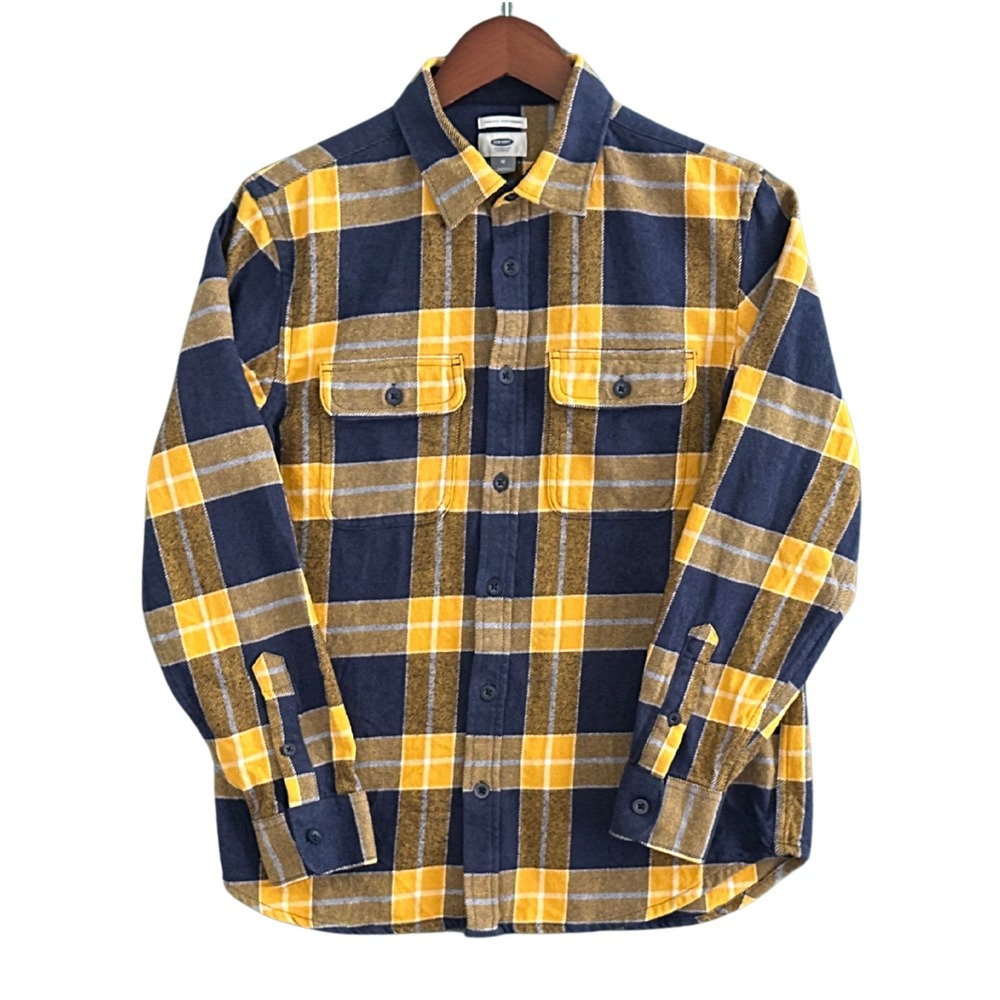 Old Navy Flannel Shirt Mens Size M Yellow Blue Plaid Long Sleeve Button Down